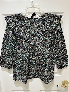 NWT LOFT Black Floral Smocked Neck Ruffled Shoulders Blouse Size XS